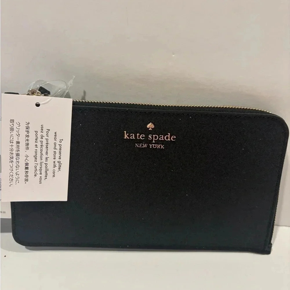 Kate Spade NWT Lucy Glitter Medium L-Zip Wristlet Color Black